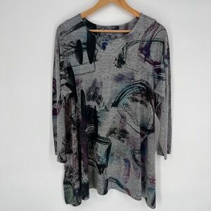 Jess & Jane Wearable Art Tunic Top Womens Sz XL Abstract Slinky 3/4 Sleeve Gray